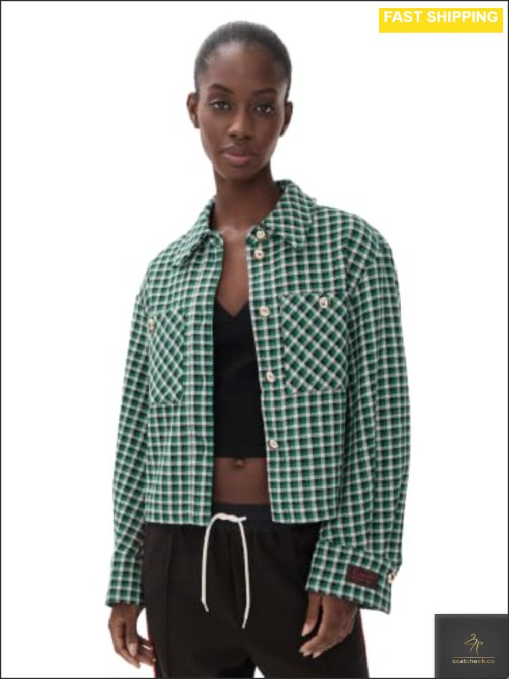 Wool Blend Houndstooth Button Front Jacket with Patch Pockets & Gold-Tone